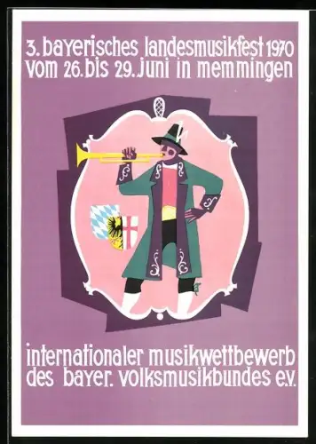 Künstler-AK Memmingen, 3. bayerisches Landesmusikfest 1970, Trompentenspieler und Wappen