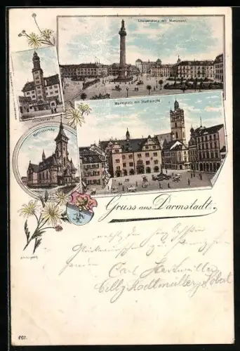 Lithographie Darmstadt, Louisenplatz, Marktplatz, Martinskirche
