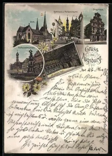 Lithographie Augsburg, Rathaus und Perlachturm, Zeughaus, Herkulesbrunnen, Der goldne Saal