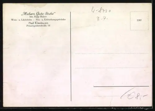 AK Bad Kissingen, Restaurant Hubers Gute Stube, Inh. Sepp Huber, Prinzregentenstrasse 14