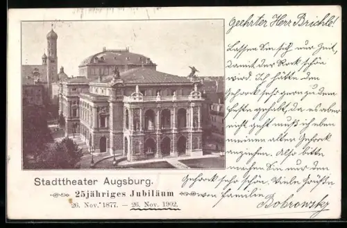 AK Augsburg, Blick auf das Stadttheater, 25-jähriges Jubiläum 1877-1902