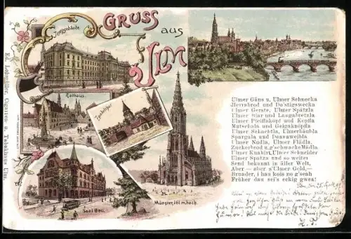Lithographie Ulm / Donau, Zundeltor, Saalbau, Rathaus, Justizgebäude, Ortsansicht