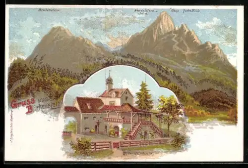 Lithographie Birkenstein, Ansicht der Birkensteinkirche, Bergpanorama mit Wendelstein und Breitenstein