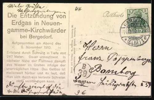 AK Hamburg-Neuengamme, Entzündung von Erdgas am 6. November 1910