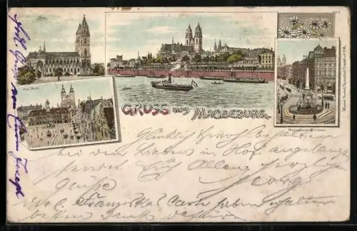 Lithographie Magdeburg, Ortsansicht von der Elbe aus, Dom, Alter Markt, Hasselbach-Brunnen