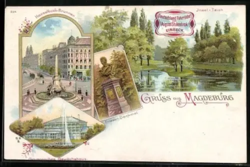 Lithographie Magdeburg, Hasselbach-Brunnen, Grusonsches Gewächshaus, Friesen-Denkmal