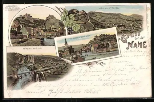 Lithographie Kirn / Nahe, Ortsansicht mit Kyburg, Kreuznach und die Nahe
