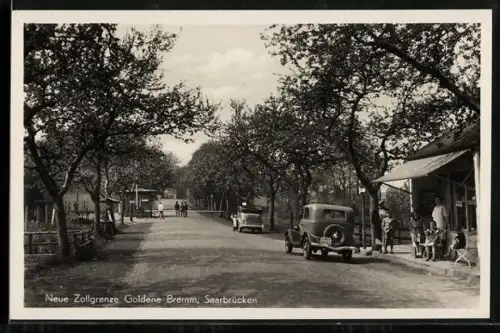 AK Saarbrücken, Neue Zollgrenze Goldene Bremm, Autos vor dem Schlagbaum