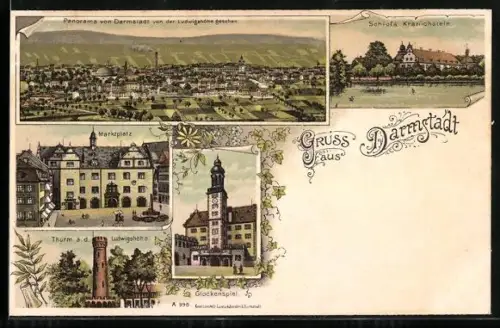 Lithographie Darmstadt, Panorama von der Ludwigshöhe, Marktplatz, Glockenspiel, Schloss Kranichstein