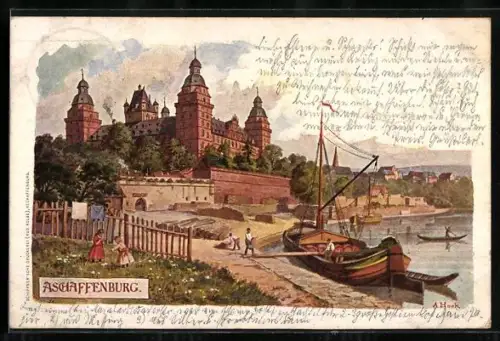AK Aschaffenburg, Uferpartie mit Lastenkahn