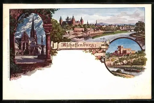 Künstler-AK Aschaffenburg, Pompejanum, Stiftskirche und Schloss