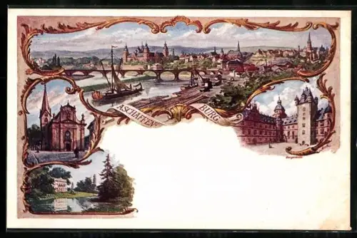 AK Aschaffenburg, Gesamtansicht, die Kirche, Partie am See