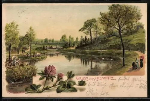 AK Chemnitz, Partie im Park mit Brücke und Ruhepunkten