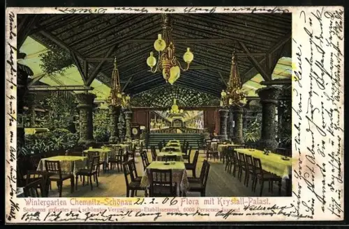 AK Chemnitz-Schönau, Restaurant Wintergarten, Flora mit Krystall-Palast