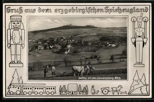 Passepartout-AK Seiffen, Ortsansicht mit Schwartenberg, Bauern mit Pflug, Spielzeuge, Nussknacker