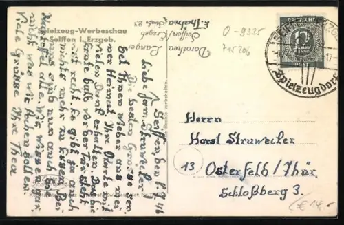 Passepartout-AK Seiffen, Ortsansicht mit Schwartenberg, Bauern mit Pflug, Spielzeuge, Nussknacker