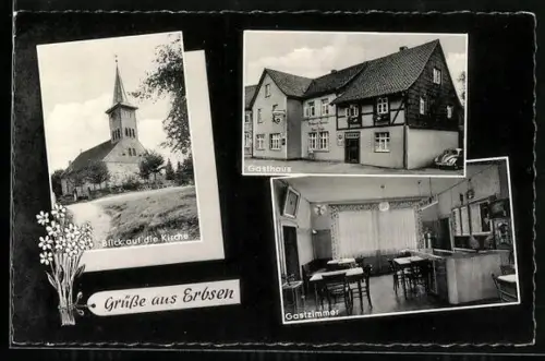 AK Erbsen, Gasthaus, Innenansicht vom Gastzimmer, Blick auf die Kirche