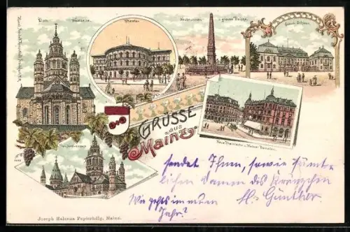 Lithographie Mainz, Dom, Theater, Grossherzogl. Schloss