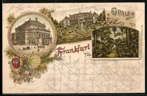 Lithographie Frankfurt, Opernhaus, Palmengarten und Palmenhaus