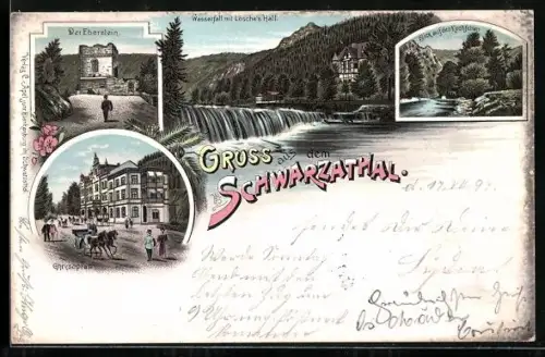 Lithographie Bad Blankenburg, der Eberstein, Wasserfall m. Lösche`s Hall, Blick auf den Kirchfelsen, Ghrysopras