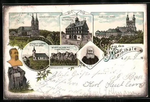 Lithographie Bad Staffelstein, Vierzehnheilligen im Maintal, Schloss Banz, Rathaus zu Staffelstein