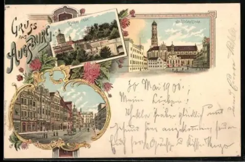Lithographie Augsburg, Rothes Thor, St. Ulrichskirche