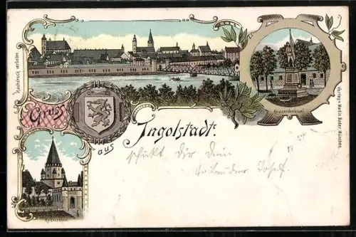 Lithographie Ingolstadt, Ortspanorama mit Brücke und Mauer, Kreuzthor, Wappen