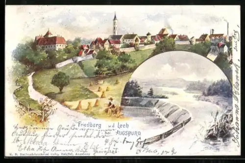 AK Friedberg / Augsburg, Totalansicht und Wehr