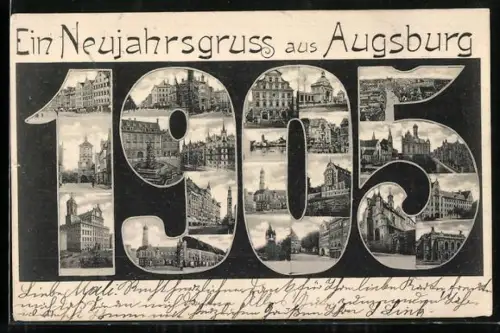 AK Augsburg, Rathaus, Tor und Brunnen in Jahreszahl 1905, Neujahrsgruss
