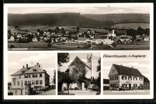AK Ottmarshausen b. Augsburg, Lebensmittel-Geschäft A. Huber, Schule, Kriegerdenkmal