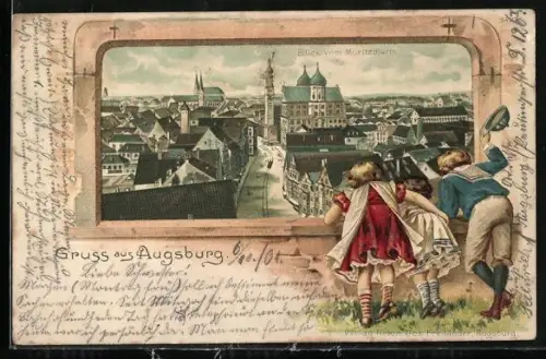 Lithographie Augsburg, Blick vom Moritzturm mit Kirche, Passepartout