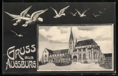 AK Augsburg, Domkirche, Weisse Brieftauben, Passepartout