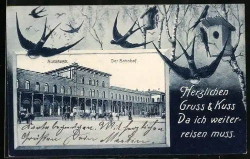 AK Augsburg, Bahnhof, Schwalben an Vogelhäusern, Passepartout