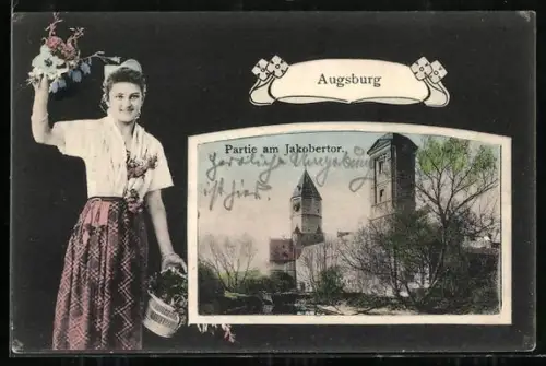 Grusskarten-AK Augsburg, Blumenmädchen, Partie am Jakobertor
