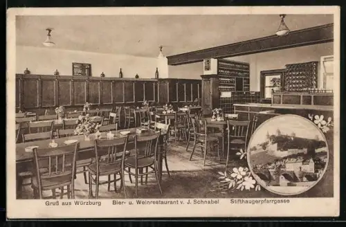 AK Würzburg, Bier- und Weinrestaurant v. J. Schnabel, Stifthaugerpfarrgasse, Innenansicht, Schloss