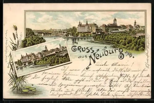 Lithographie Neuburg a. D., Uferpartie mit Kirche