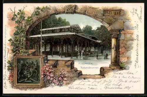 Passepartout-Lithographie Kissingen, Kurgäste am Rakotzibrunnen, Wappen