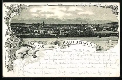 Lithographie Kaufbeuren, Stadtpanorama vom Wasser aus, Adlerpaar, Blumenornament-Rahmen
