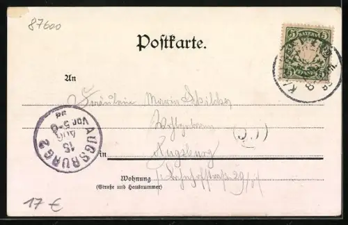 Lithographie Kaufbeuren, Stadtpanorama vom Wasser aus, Adlerpaar, Blumenornament-Rahmen