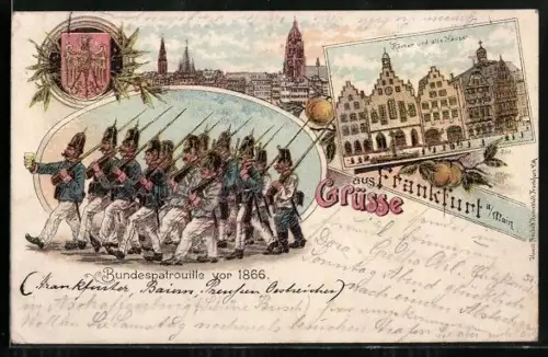 Lithographie Alt-Frankfurt, Römer und alte Häuser, Bundespatrouille vor 1866, Wappen