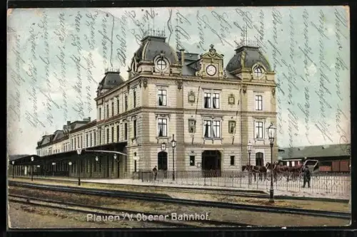 AK Plauen / Vogtland, Oberer Bahnhof mit Pferdekutschen