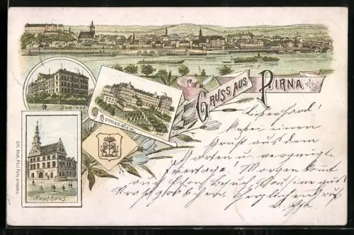 Lithographie Pirna, Sonnenstein, Rathaus, Seminar