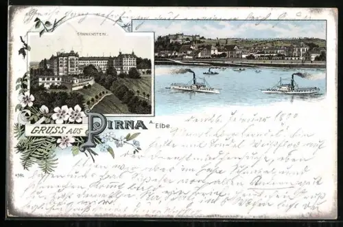 Lithographie Pirna, Sonnenstein und Elbpartie mit Dampfern