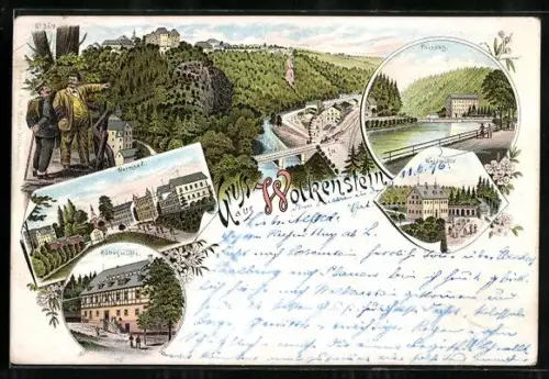 Lithographie Wolkenstein, Gasthof Waldmühle, Gasthaus Hüttenmühle, Warmbad