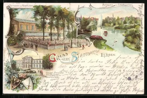 Lithographie Essen, Stadtgarten-Restaurant, Terrrasse & Restaurant, Anlagen & Stadtgarten