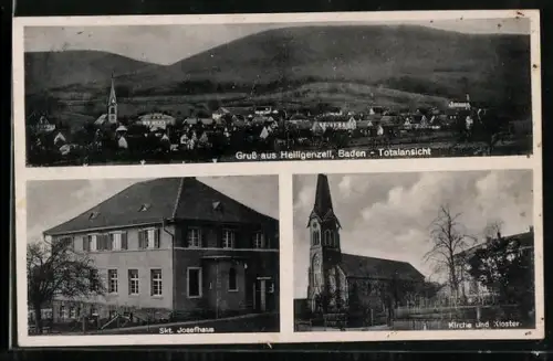 AK Heiligenzell / Baden, Skt. Josefhaus, Kirche und Kloster, Totalansicht mit bewaldeten Hügeln im Hintergrund
