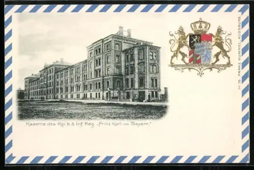 Passepartout-Lithographie Augsburg, Kaserne des Kgl. b. 3. Infanterie Regiments Prinz Karl von Baden, Wappen