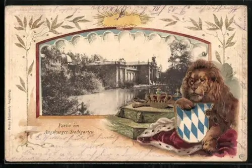 Passepartout-Lithographie Augsburg, Partie im Augsburger Stadtgarten, Löwe mit Wappen