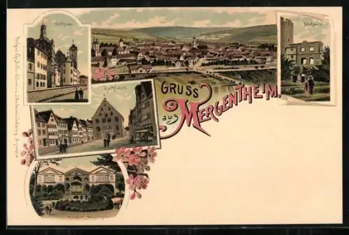 Lithographie Mergentheim, Gesamtansicht mit Rathaus und Schloss