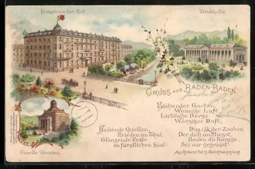 Lithographie Baden-Baden, Französischer Hof, Trinkhalle, Capelle Stourtza